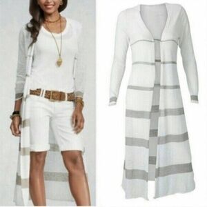 CAbi Bon Voyage Riviera Linen Duster Cardigan Sweater XL Cream Taupe Stripe
